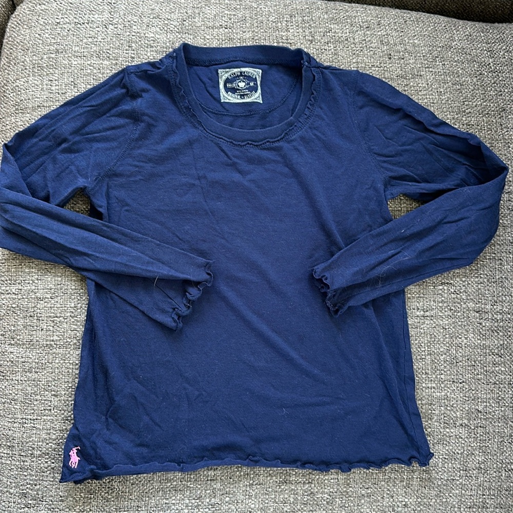 Ralph Lauren Girls 6X Navy Blue Lettuce Hem Pima Cotton Long Sleeve